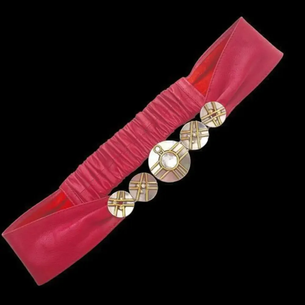 Vintage Mixed Metals Mondrian 90s Red Leather Belt Silver Gold Elastic 27-29”